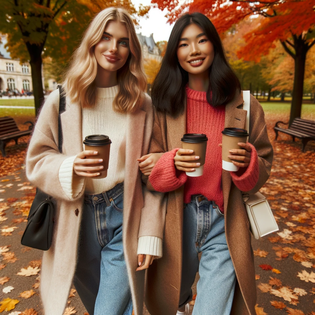 Keep Your Spirits Up this Autumn: Two smiling women walking in an autumnal park holding hot takeaway drinks