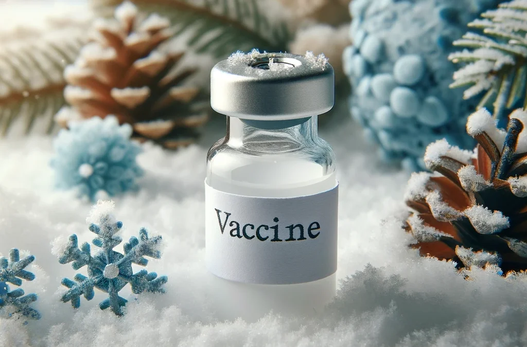 Winter Vaccines: A vaccine vial surrounded by snow and pinecones